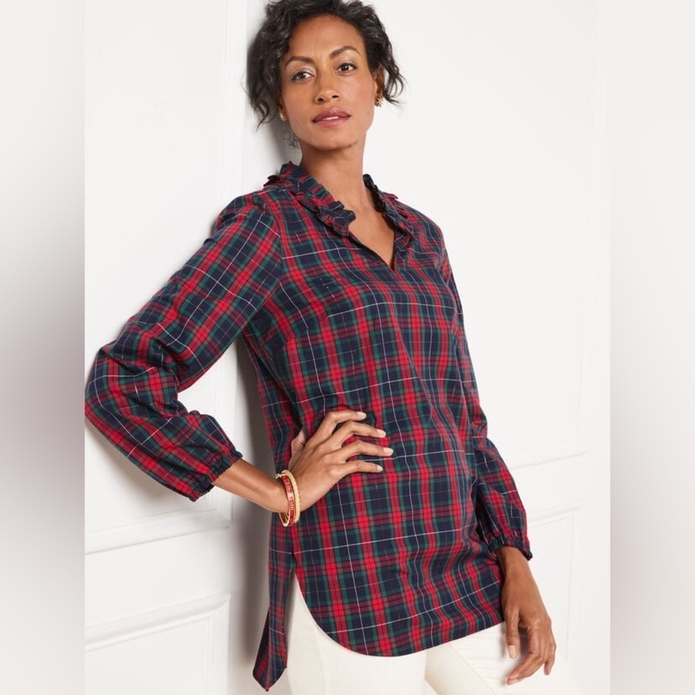 Talbots women XLP 16p Blouse top tunic sleeve Plaid Red Green blue Christmas NWT